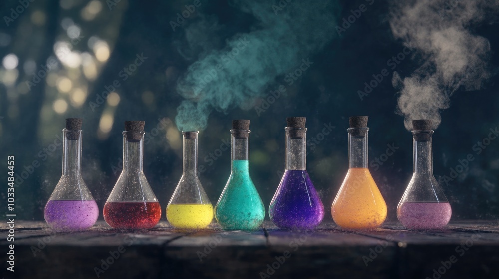 Poster transparent flask with red liquid in a lab, representing science, experiments, and biotechnology.