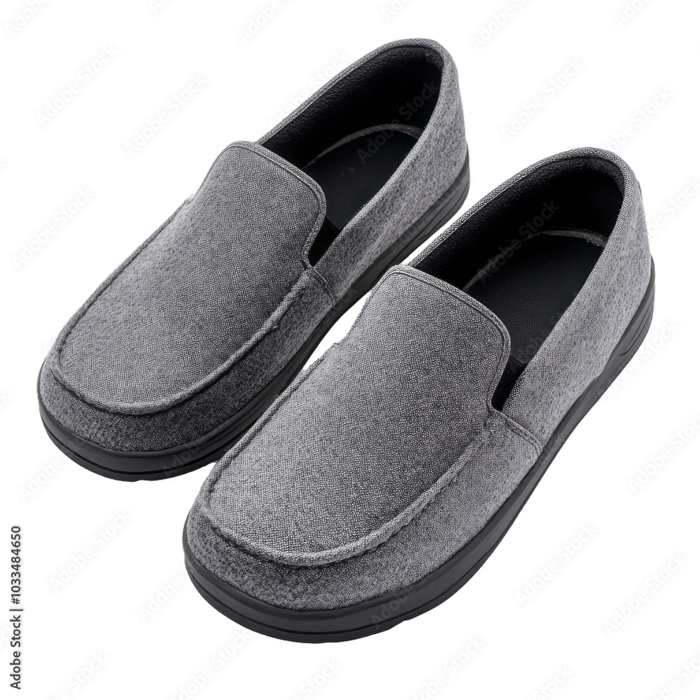 Poster comfortable gray slip on loafers with soft fabric and a relaxed fit isolated on a transparent backgr