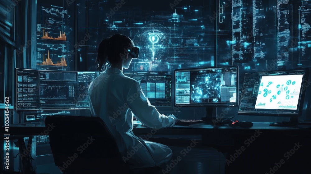 Poster virtual reality scientist analyzing data in futuristic lab, multiple screens, digital interface