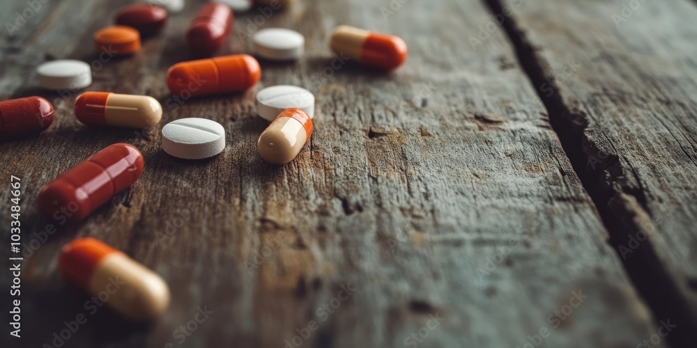 Aufkleber Selective focus on assorted pills on a wooden table with copy space.