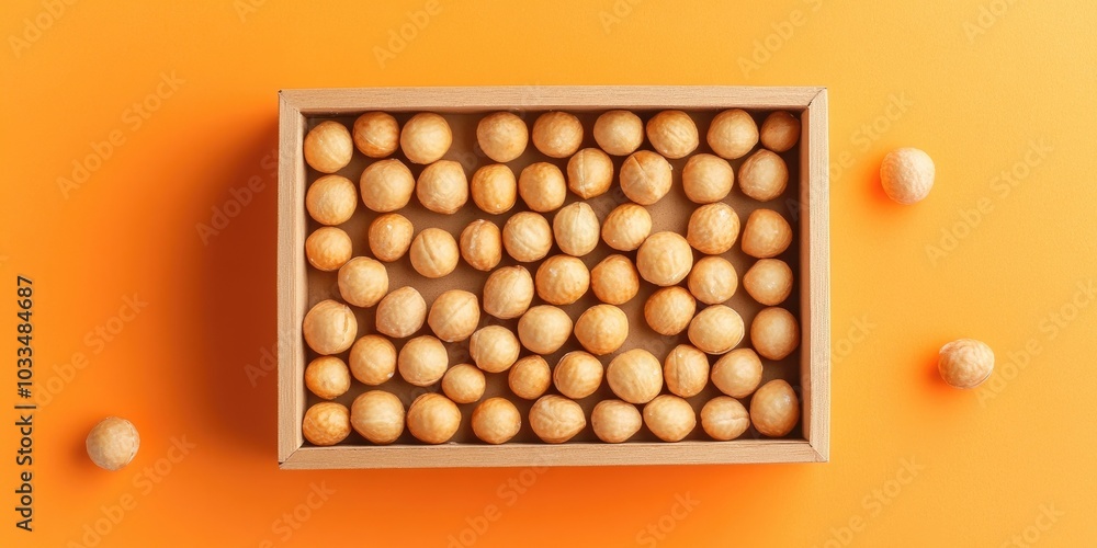Poster macadamia natural nuts contained in a box. orange backdrop. top view.