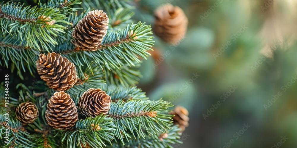 Aufkleber Green spruce branches with needles and numerous cones in winter. Many cones on the spruce tree. Fir tree. Background image featuring copyspace.