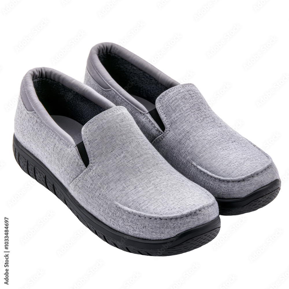 Poster comfortable gray slip on loafers with soft fabric and a relaxed fit isolated on a transparent backgr