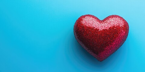Fototapeta premium Red love heart idea. Blue backdrop. Congratulatory card. Copyspace. Empty space for text.
