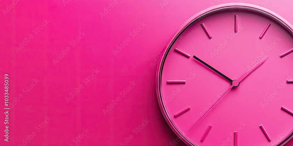 Poster close-up of a half of a deep pink wall clock positioned on a pink background. top view with copy spa
