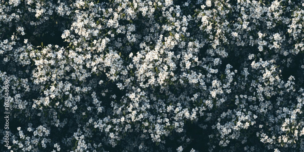 Poster Natural texture of blooming trees. Close-up of flowering trees providing a space for text. Background for a greeting card featuring white flowers and copy space.
