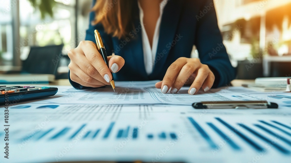 Canvas Prints Businesswoman Analyzing Financial Reports at Office Desk