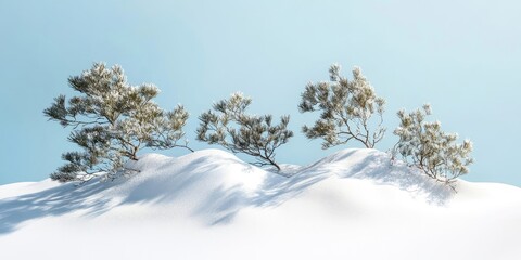 A cluster of pine trees and a few branches on a white snow and blue backdrop.