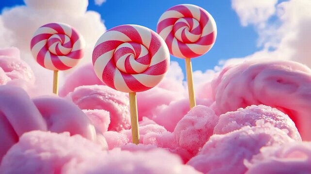 Candy land dreamscape with vibrant lollipops fluffy clouds