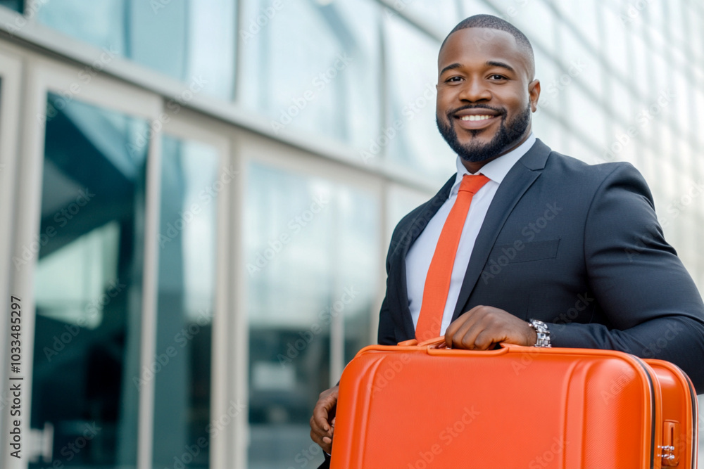 Wall mural A man in a suit and tie is holding an orange suitcase