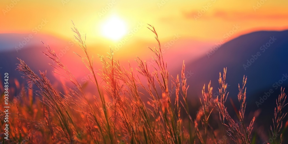 Poster panoramic view of a sunset behind mountains on a tropical grassland. artistic transparent wild grass