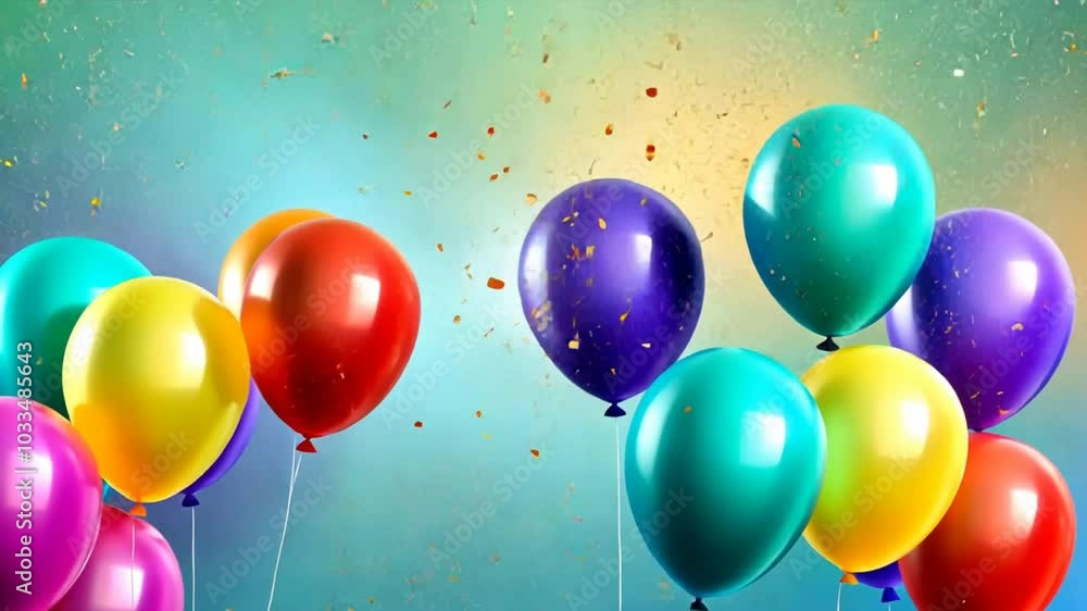 Poster A bunch of colorful balloons are floating in the air. The balloons are of different colors and sizes, creating a vibrant and lively atmosphere. Concept of celebration and joy
