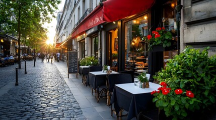 Picturesque European Cobblestone Street Lined with Charming Old Buildings and Lively Outdoor Cafs Creating a Quaint and Inviting Atmosphere for Dining Relaxation and Sightseeing