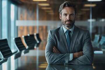 Naklejka premium Mature businessman with his arms crossed, standing in a modern boardroom, conveying an aura of confidence and authority