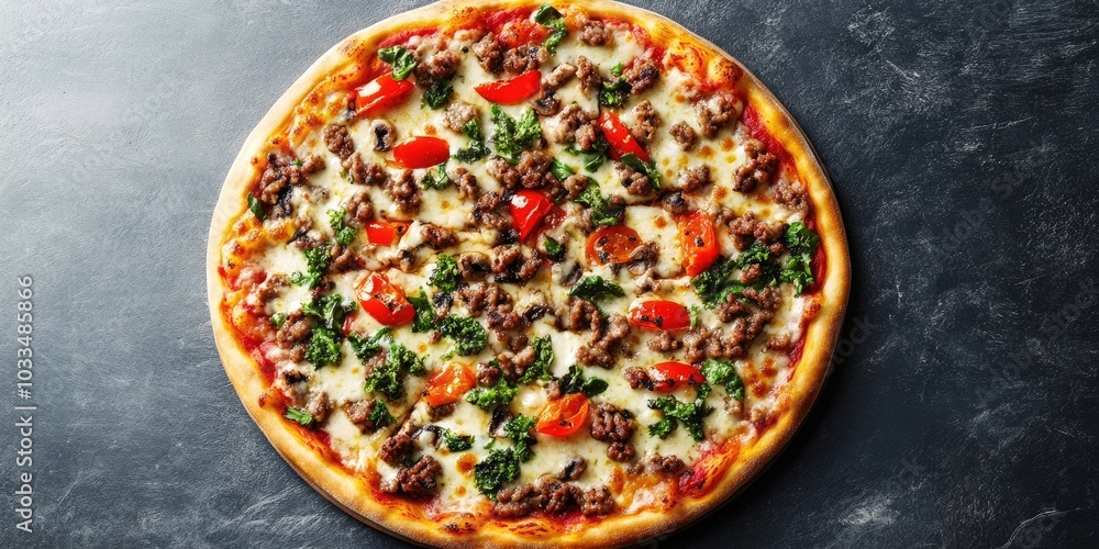 Poster top view of fresh pizza on a gray table