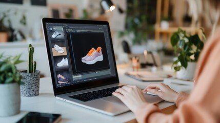 A person designs sneaker models on a laptop in a bright workspace filled with plants and modern decor during the afternoon