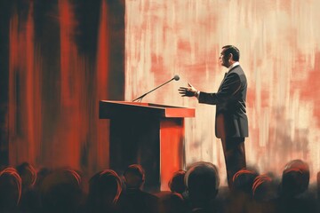 Politician is gesturing while delivering a speech from a tribune to a large crowd