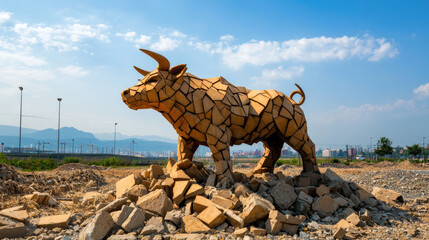 A large bull sculpture made of stone pieces stands prominently against a blue sky, surrounded by rubble and greenery.