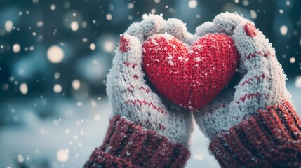 Female hands wearing cozy knitted mittens forming a heart shape with freshly fallen snow on a chilly winter day, perfect for celebrating love and romance during valentine's day
