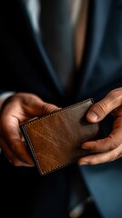 Fototapeta premium Close Up of a Man Holding a Brown Leather Wallet