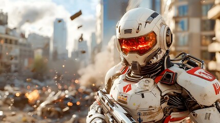 Giant Robotic Behemoth Stands Amid the Crumbling Remains of a Destroyed Futuristic City Dust and Debris Swirling in the Ominous Wind