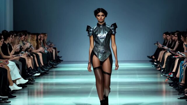 Model showcases futuristic fashion design on the runway during a recent night fashion show in a major city