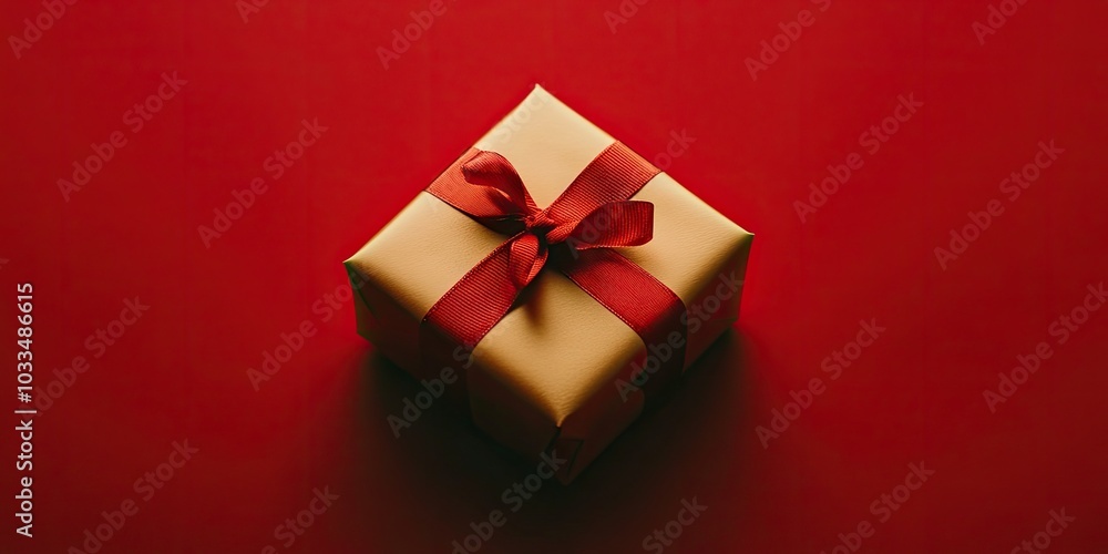 Aufkleber a small gold present with a red ribbon resting on a red background.