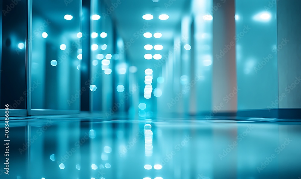 Poster a blurred view of a modern corridor with reflections on the floor and ambient blue lighting, creatin