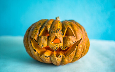 Closeup view of halloween pumpkin on table 