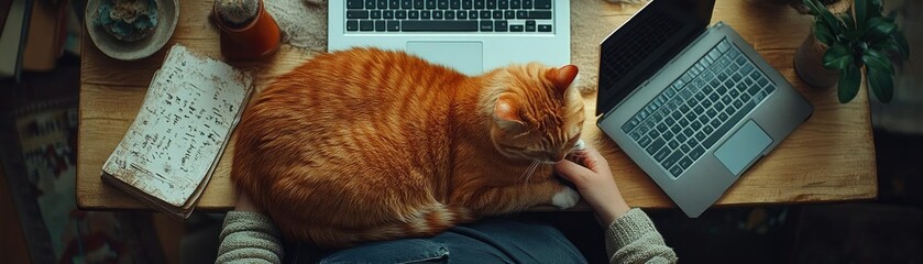 Naklejka na ściany i meble A cat curled up next to a laptop, as its owner types away in a home office