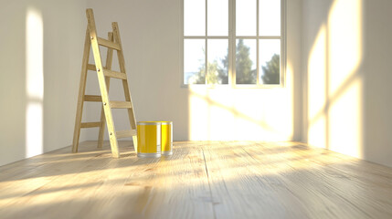 An empty room with wooden floors, a ladder, and yellow paint cans set for a bright home renovation project in a sunlit space
