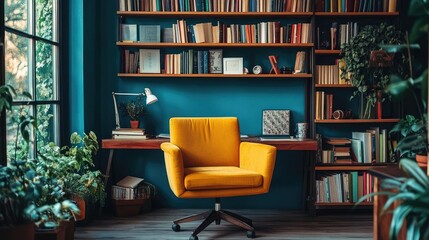 A colorful, organized workspace, with books, plants, and personal items making it feel inviting