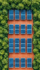 Fototapeta premium Solar panels surrounded by lush greenery, eco-friendly energy solution.