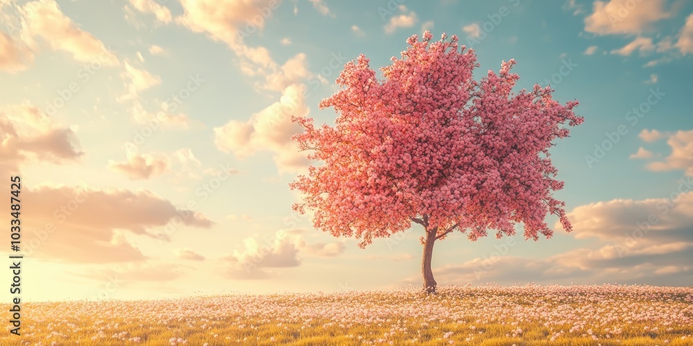 Aufkleber Blossom pink tree. Flowering pink apple tree in spring set against a backdrop of a clear sky and clouds.