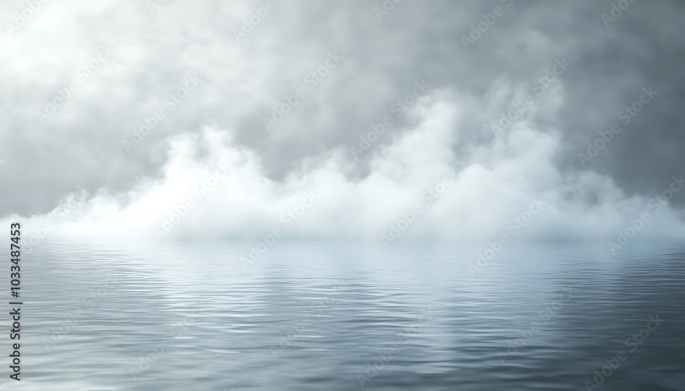 Poster a serene landscape of mist hovering over calm water, creating a tranquil and atmospheric scene.