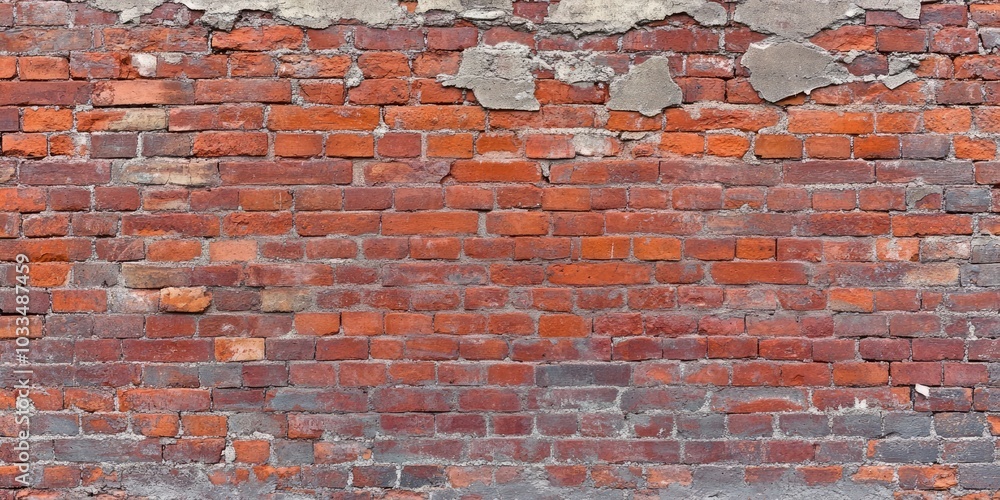 Poster old, deteriorated red brick wall. panoramic texture of the brickwork.