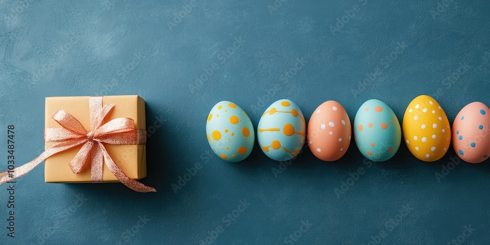 Aufkleber easter holiday backdrop featuring eggs. a top view of a row of colorful painted chicken eggs alongsi