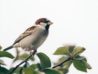 A sparrow perched on a branch surrounded by green leaves, soft natural light.