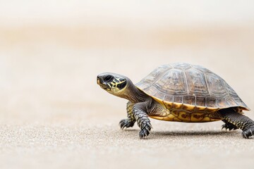 A turtle walking across a sandy surface, natural light, white isolated background.