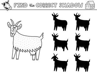 Find the correct shadow black and white activity page for kids with a cute goat. Shadow matching game in outline with a farm character. Vector illustration