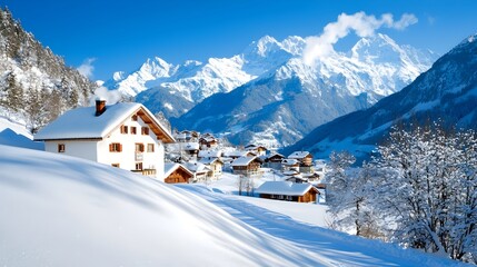 A picturesque snow covered alpine village nestled in a serene mountainous landscape with towering peaks smoke rising from chimneys and a peaceful wintry atmosphere