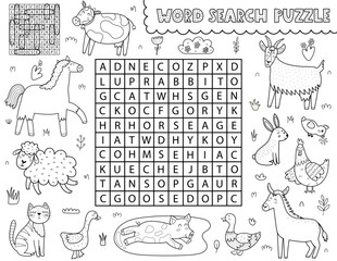 Word search puzzle with cute farm animals. Find the hidden words activity page for kids. Perfect for school and preschool. Vector illustration