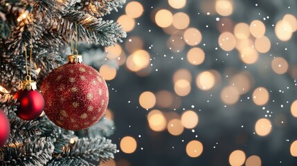 Obraz premium Christmas tree decoration with red ornaments and bokeh lights in the background.