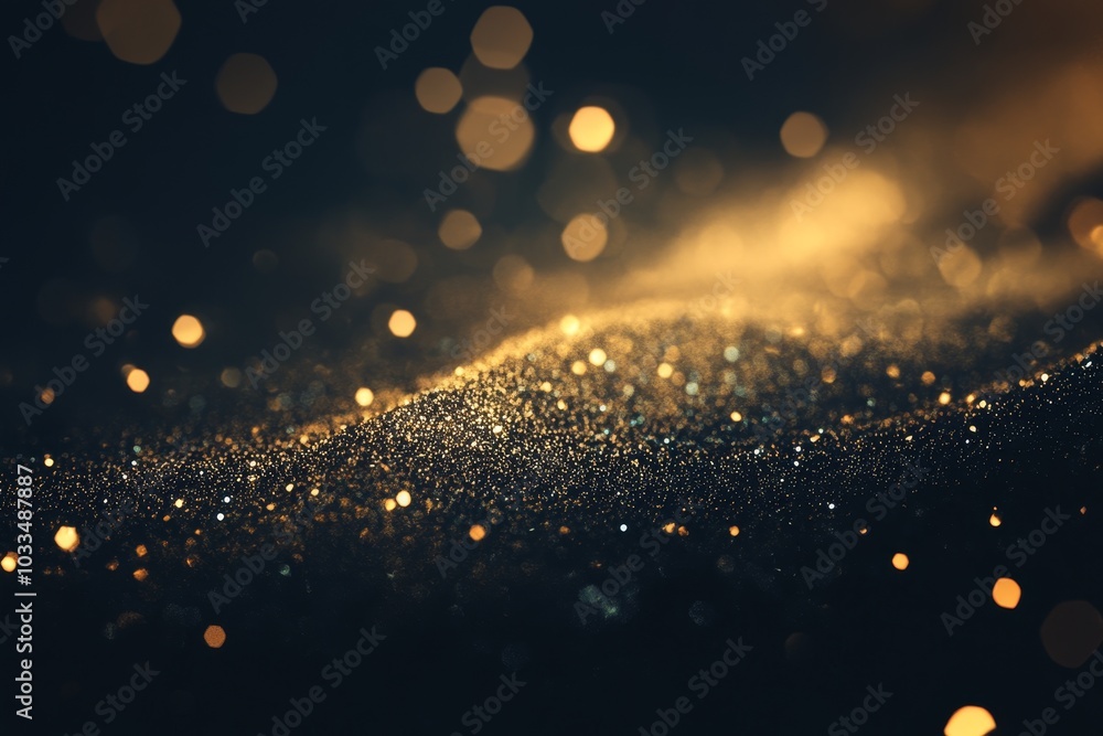Poster abstract background with golden glitter and bokeh lights on a dark background. (2)