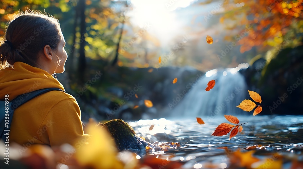 Poster cascading waterfall in the middle of a forest with red and orange autumn leaves mist rising from the