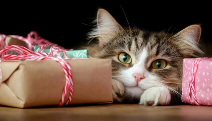 Curious cat peeking over wrapped presents, waiting for holiday surprises.