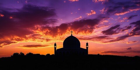 Obraz premium Dome outline silhouette set against a dramatic sunset with orange and purple skies, creating a scenic background with a religious theme.