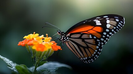 Fototapeta premium Exquisite Butterfly Resting on a Vibrant Flower in a Peaceful Meadow A beautifully detailed image of a butterfly delicately perched on a colorful blooming flower against a soft