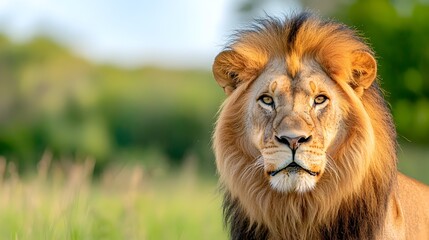 Fototapeta premium Powerful Close up of a Mighty Lion Roaring with Intense Focus and Fierce Presence in the Savannah Landscape This Dramatic Wildlife Portrait Captures the Primal Essence of the King of the Jungle