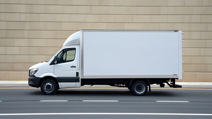 Empty blank white mockup on the small truck vehicle driving through the city street, template for advertisement. Commercial business transport delivery cargo, side view